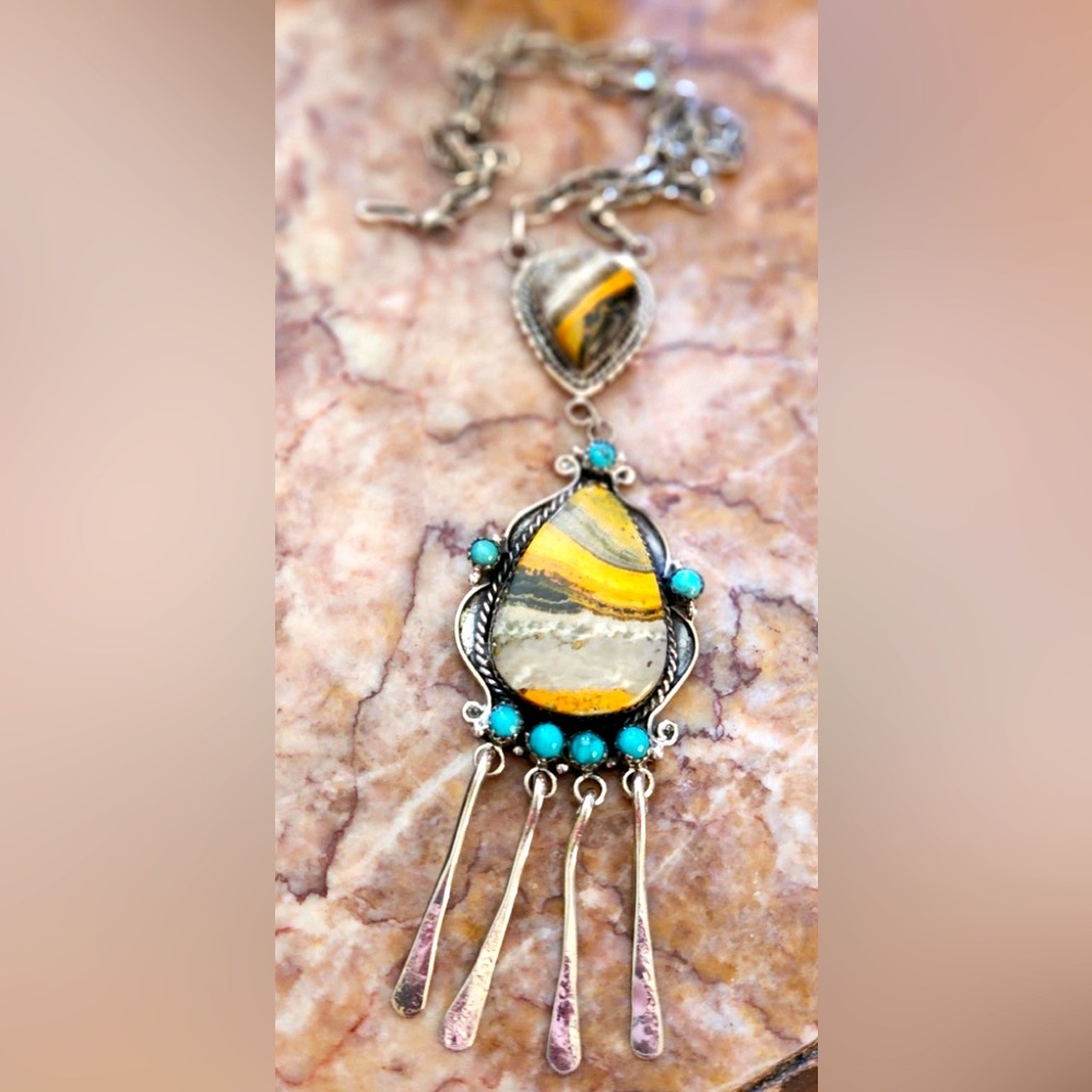 Unique large bumblebee jasper & turquoise necklace
